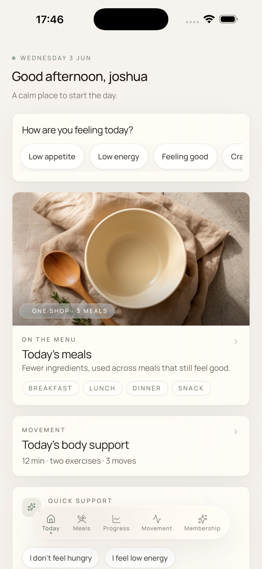The eaze Today screen on iPhone — a calm daily check-in