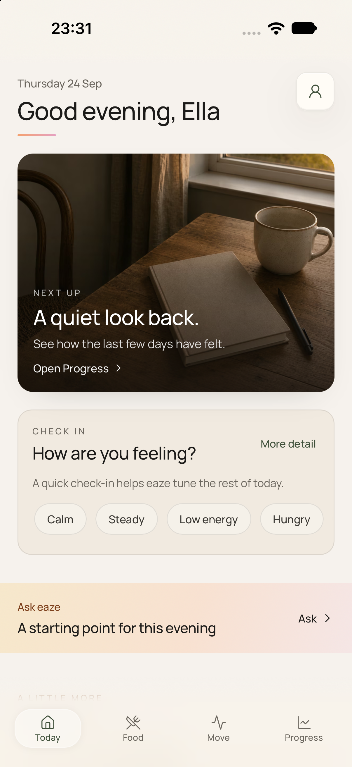 The eaze Today screen: a check-in asking how you're feeling, with one-tap moods